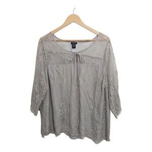 Torrid‎ Lace Overlay Sheer Blouse 3/4 Sleeve Tie Neck Taupe Plus Size 2 Chic
